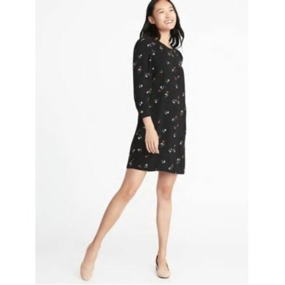 Old Navy Black Ditsy Floral Long Sleeve Shift Dress Size Large Cottagecore